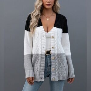 Light Color Block Cable Knit Cardigan
